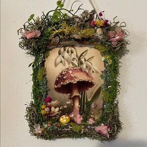 Mushroom print handcrafted border Wall decor flowers moss nature pink yellow